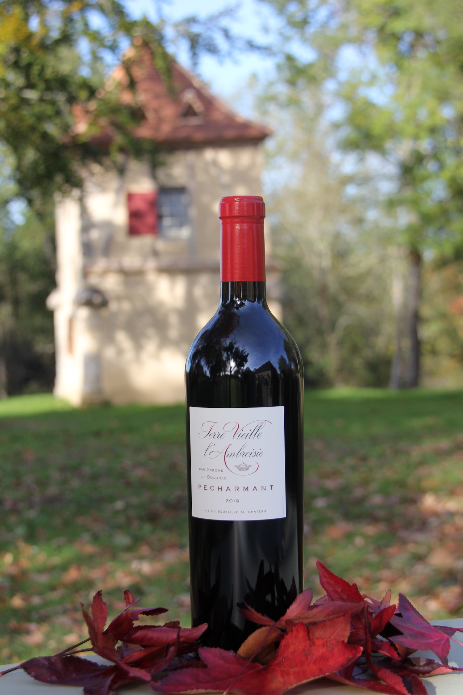 Bouteille de l'Ambroisie, cuvée prestige, devant le pigeonnier du Château Terre Vieille.